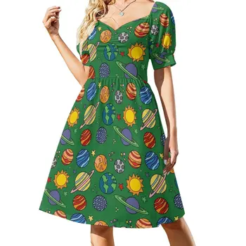 Planeta de Impresión | Espacio | Tierra | Astronomía | Ciencias | Vestido Verde de manga larga de los vestidos del vestido de Mujer vestido de verano